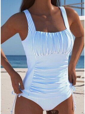 ROSEWE Sz M Tankini Blue White Adjustable Straps Nautical Bikini Bottom Beach